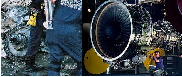 A sinistra la foto della turbina che la versione ufficiale ha attribuito al volo di linea  e a destra invece una vera turbina Rolls Royce per Boeing 757